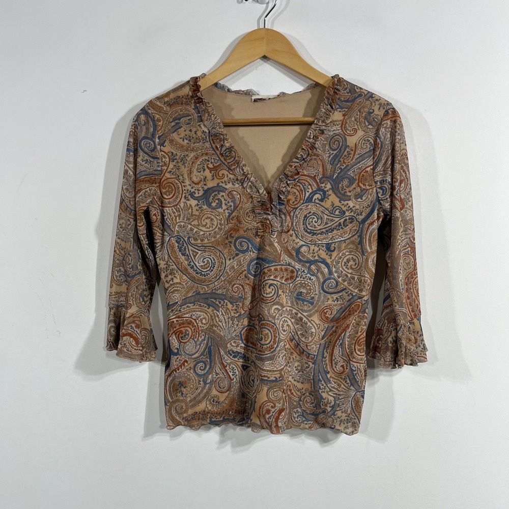 Vintage Y2K Fairy Grunge Paisley Mesh Ruffle Top Bell Sleeve Womens Medium Boho